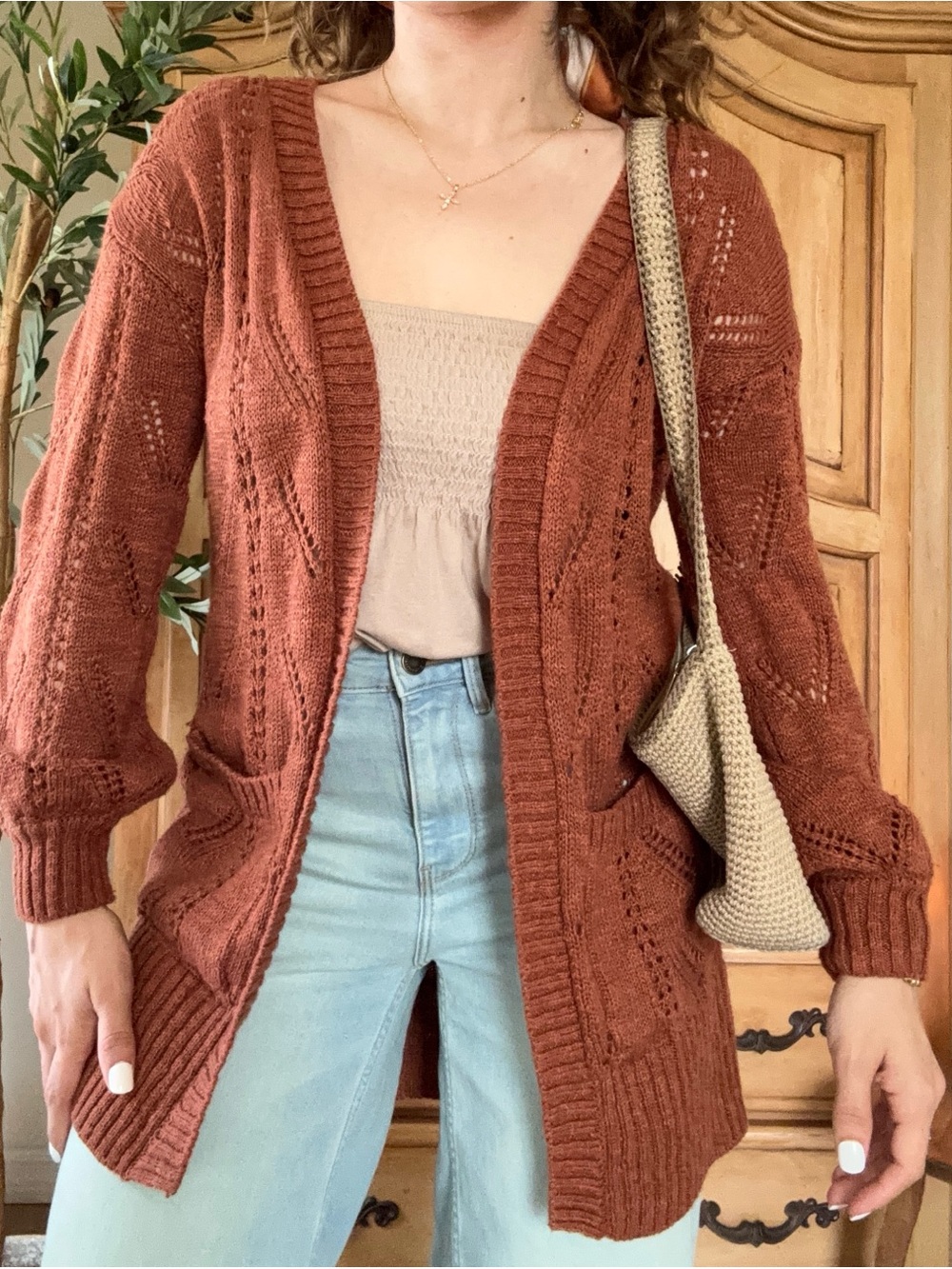 Open-Front Rust Knit Cardigan Sweater
